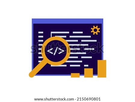 SEO optimization, meta data description. Script coding and programming on language, hypertext code. Search engine optimization and analytics tags on web. Search screen with magnifier. Vector Foto stock © 