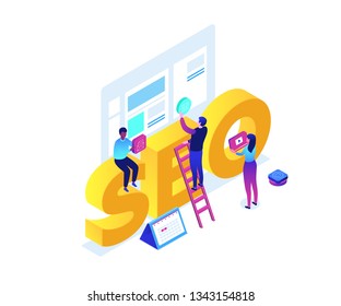 Seo optimization - modern colorful isometric vector illustration on white background. Quality composition with male and female specialists working, placing buttons on website page, image of a calendar
