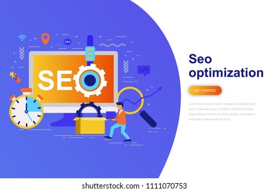 Seo optimization modern flat concept web banner with decorated small people character. Landing page template. Conceptual vector illustration for web and graphic design, marketing.