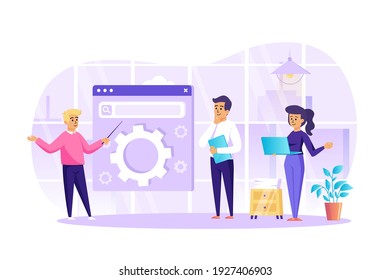 SEO optimization at office scene. Marketing team sets up search engine, analyze data, increase website rating. Development, promotion concept. Vector illustration of people characters in flat design