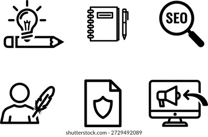 Otimização de SEO e ícones de segurança online com símbolos criativos e protetores
