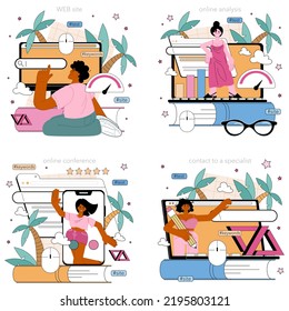 SEO optimization online service or platform set. Search engine optimization for business promotion. Web page advertising. Online analysis, confernce, contacts, website. Flat vector illustration