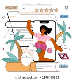 SEO-Optimierung Online-Service oder Plattform. Suchmaschinenoptimierung für Unternehmensförderung. Website-Werbung. Online-Konferenz. Flache Vektorgrafik