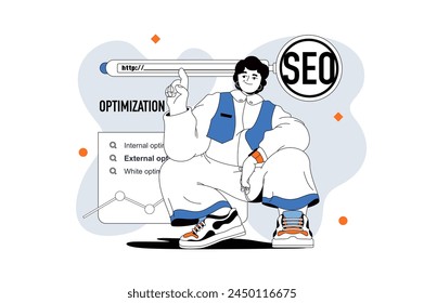 Seo-Optimierung skizziert Web modernes Konzept im Flat Line Design. Frau analysiert Online-Daten, optimiert Suchmaschinen-Website-Ranking. Vektorillustration für Social Media Banner, Marketingmaterial.