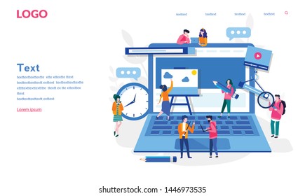 SEO optimization, People team work together with computer,  teamwork, Vector illustration for web banner, print, infographics, mobile website. Landing page template. Strategy, SEO analysis, analytics.