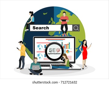 SEO optimization. People using laptops for developing and optimizing website or mobile app. Flat modern design of young programmers coding a new project and analysing search engine