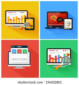 Seo optimization, programming process and web analytics elements. Set for web and mobile applications in modern flat design