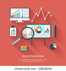 SEO optimization, programming process and web analytics elements in flat design