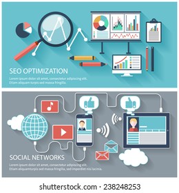 SEO optimization, programming process and web analytics elements in flat design. Set of social network icons