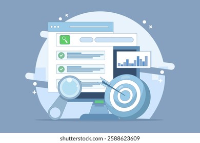 SEO optimization Promotion Concept. Web browser for digital marketing concept. Website analysis strategy and innovation research. Optimize Your Site in form. Graphic vector icon illustration.