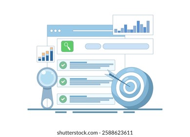 SEO optimization Promotion Concept. Web browser for digital marketing concept. Website analysis strategy and innovation research. Optimize Your Site in form. Graphic vector icon illustration.