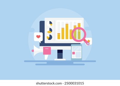 SEO optimization, SEO promotion strategy development, SEO tool analysis of Website traffic, SEO performance - vector illustration with icons