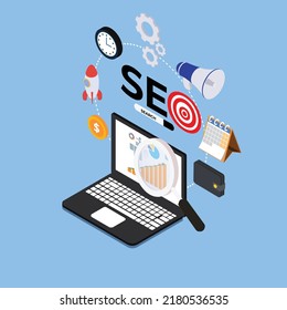 SEO optimization with rocket for digital marketing isometric 3d vector illustration concept for banner, website, illustration, landing page, flyer, etc.
