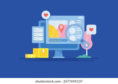 SEO optimization, Search engine maps, Store location on search engine, Business listing - vector illustration with icons