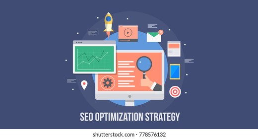 Seo optimization, Search engine strategy marketing, Digital marketing, Search advertising flat vector banner with icons