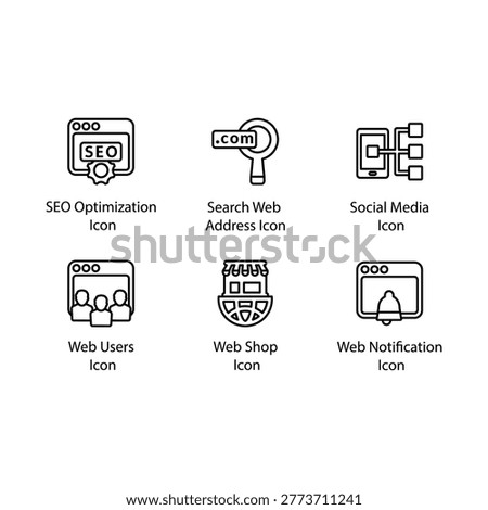 SEO Optimization, Search Web Address, Social Media, Web Users, Web Shop, Web Notification, icon
