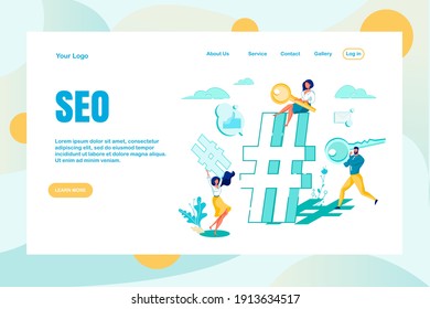 Seo Optimization Searching by Hashtag Landing Page. People Team Marketer Optimizing Search Engine by Keyword Targeting. Finding Best Solution for Social Networks. Vector Digital Marketing Illustration