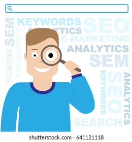 SEO optimization. Sem and e-marketing. The guy is holding a magnifying glass. Flat illustration