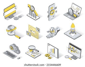 Seo optimization service concept 3d isometric icons set. Pack elements of search engine, growth traffic, analysis, settings, cloud computing and other. Vector illustration in modern isometry design