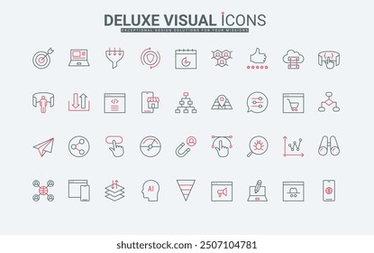 SEO optimization service, digital marketing line icons set. Online traffic of web page, search and advertise blog content, megaphone and target thin black and red outline symbols vector illustration