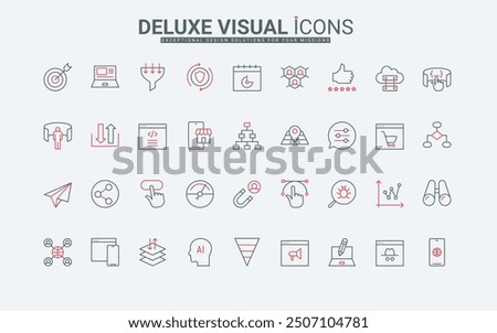 SEO optimization service, digital marketing line icons set. Online traffic of web page, search and advertise blog content, megaphone and target thin black and red outline symbols vector illustration