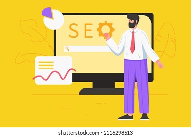 Seo optimization service modern flat concept. Man settings up search engine, works with site data, analyzes query statistics and ranking. Vector illustration with people scene for web banner design