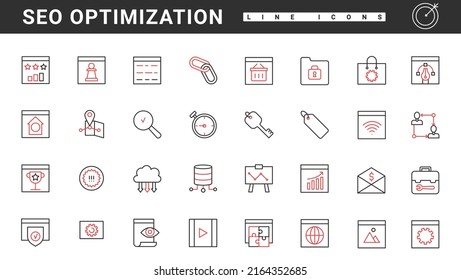Servicio de optimización SEO, campaña en medios sociales y análisis de delgados iconos de línea roja y negra establecen ilustración vectorial. Resumen de análisis digital del tráfico web, investigación de comunicación y soporte