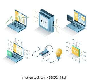 SEO Optimization Software Development and Computer Chip Technology Icons Set for Digital Marketing and Web Programming