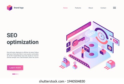 Seo optimization technology isometric vector illustration. Cartoon 3d analyst man character manages data report to optimizate digital finance database, control business information result landing page