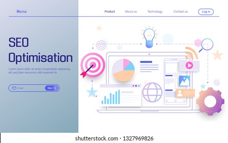 SEO optimization technology modern flat design, search engine analytics, web analytics, social and data analytics vector