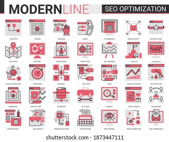 Seo optimization technology vector complex flat line icon set. Tech analytics website symbols internet optimizing business marketing in social media, support of digital app design, web development.