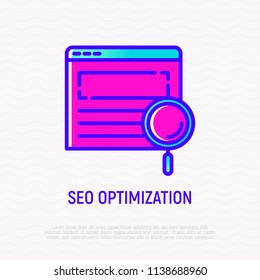 SEO optimization thin line icon: magnifier on web page. Modern vector illustration.