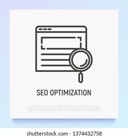 SEO optimization thin line icon: magnifier on web page. Modern vector illustration.