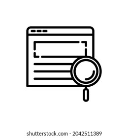 SEO optimization thin line icon, magnifying glass on web page. Modern vector illustration.