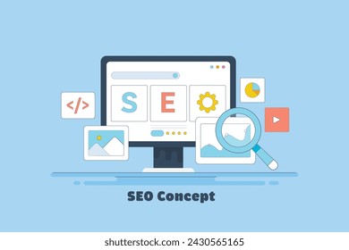Concepto de la ilustración de la línea delgada de la optimización del SEO, estrategia del SEO para el marketing digital, tráfico del Web site que consigue tráfico del motor de búsqueda - banner del vector con los iconos