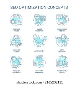 Conjunto de iconos de concepto turquesa de optimización SEO. marketing en Internet. Ilustraciones en color de la idea de promoción de sitios web. Símbolos aislados. Trazo editable. Fuentes Roboto-Medium, Myriad Pro-Bold utilizadas
