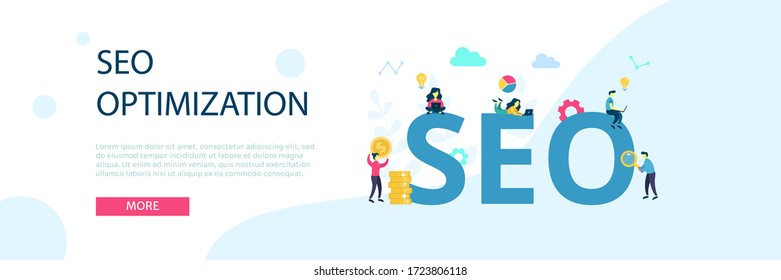 Seo optimization vector illustration. Creative modern concept of people team work together on SEO content. Flat reporting and web traffic analytics graphic for mobile app, laptop banner, cartoon hero 
