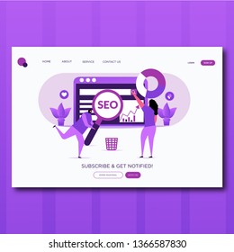 seo optimization- Vector illustration landing page seo optimization with character.