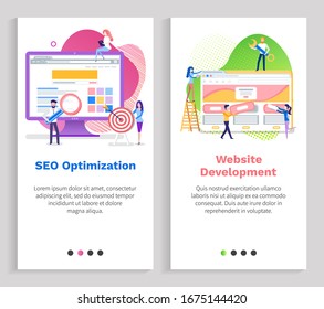 Seo optimization vector, monitor with people using magnifying glass, development of data, coding and programming workers, computer laptop. Website or slider app, landing page flat style