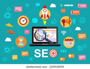 SEO optimization, web analytics design. A set of measures to increase the visibility of the site in search engines for targeted search queries. Vector stock illustration