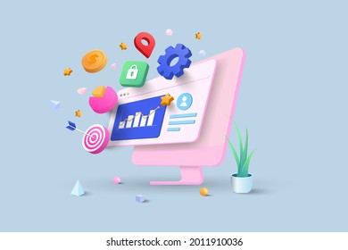 SEO Optimization, web analytics and seo marketing social media concept. 3d vector illustration - Shutterstock ID 2011910036