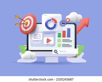 SEO Optimization, web analytics and seo marketing social media concept. 3d vector illustration. Web analytics design , SEO optimization. Marketing social media concept. Strategy and Planing website