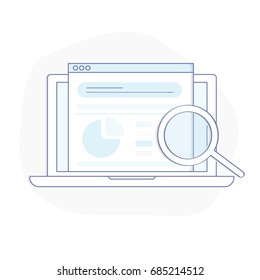SEO optimization, web analytics and marketing illustration concept, browser window and statistics, graph chart in a browser window. Illustration in flat line isolated vector style.