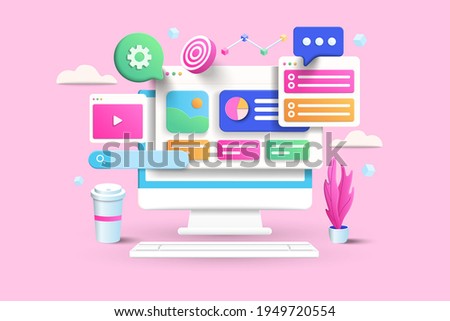 SEO Optimization, web analytics and seo marketing social media concept. 3d vector illustration