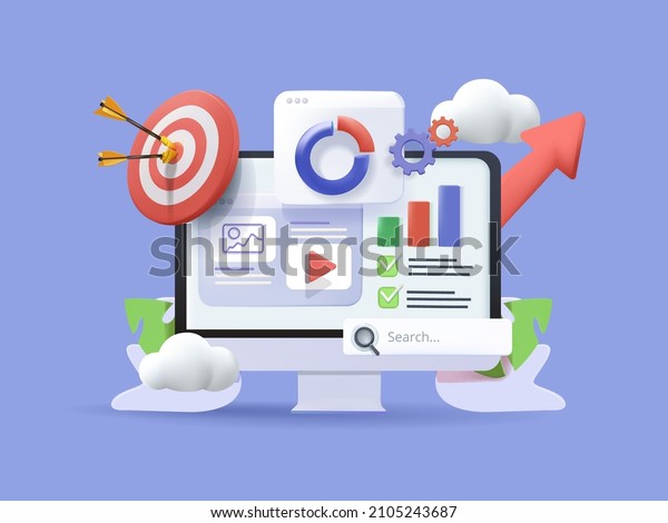 SEO Optimization, web analytics and seo marketing\
social media concept. 3d vector illustration. Web analytics design\
, SEO optimization. Marketing social media concept. Strategy and\
Planing website