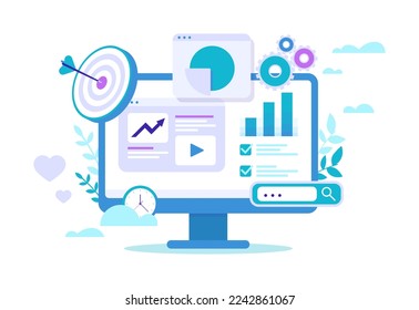 SEO optimization, web analytics and social media SEO marketing concept. Vector illustration. Web analytics design, SEO optimization. Social media marketing concept. Strategy and planning website