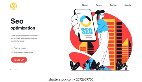 Seo-Optimierung Web-Banner Konzept. Suchergebnisse für Fraueneinstellungen, optimiert die Website, analysiert Daten mithilfe der mobilen Anwendung, Landing Page Template. Vektorgrafik mit Menschen-Szene in flachem Design