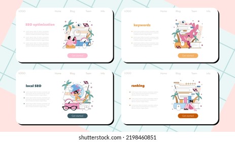 Banner web de optimización SEO o conjunto de páginas de inicio. Idea de optimización de motores de búsqueda para la promoción de negocios. Publicidad de página web en Internet, auditoría de sitio. Ilustración vectorial plana