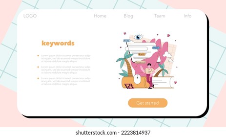 SEO optimization web banner or landing page. Idea of search engine optimization for business promotion. Web page advertising in the internet, site audit. Flat vector illustration