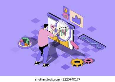 SEO optimization web concept in 3d isometric design. Man makes analytics of internet sites and search engines optimization using marketing tools. Vector web illustration with people isometry scene